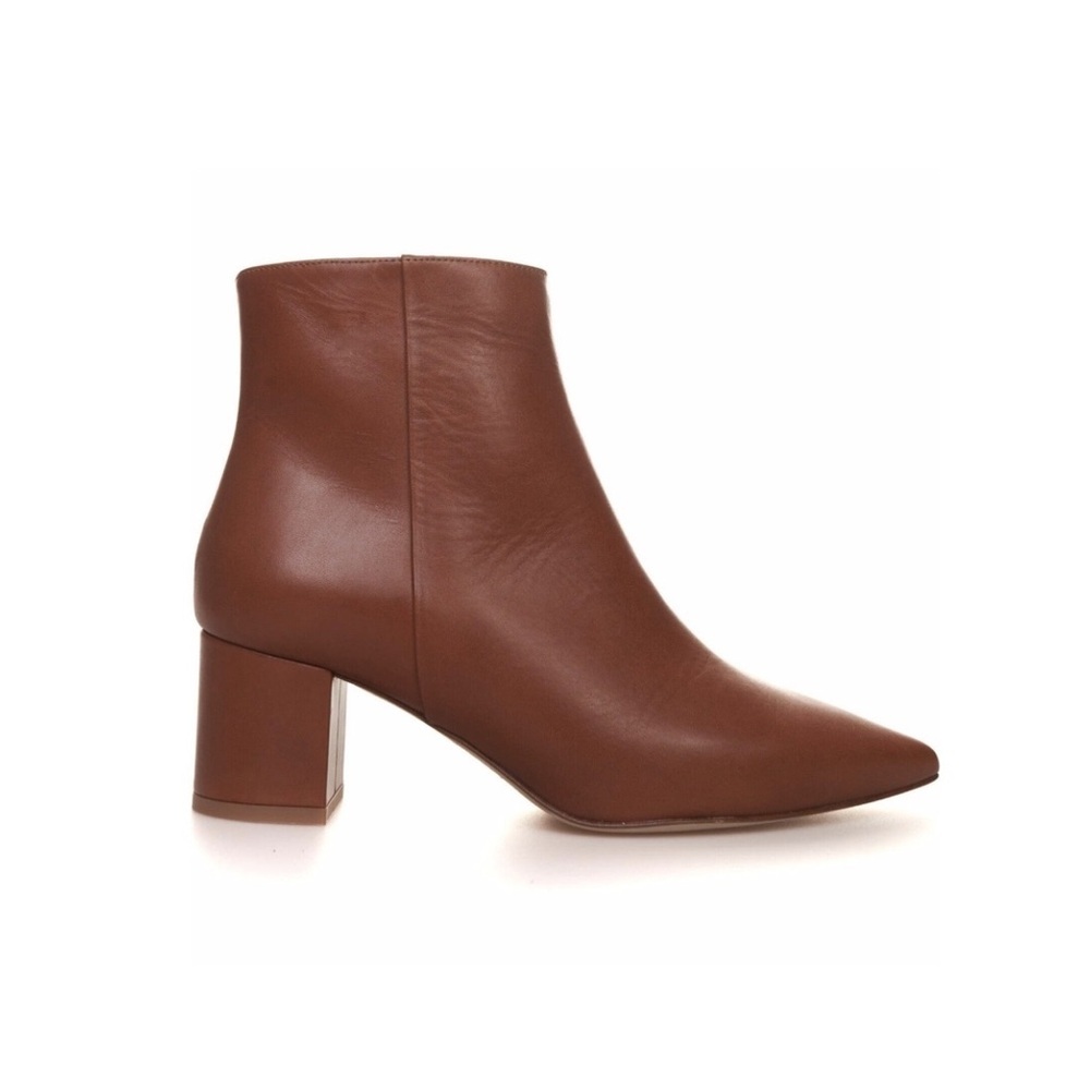 L'agence New Jeanne Block Heel Bootie Pointed Toe Leather Luggage Size 7.5 37.5